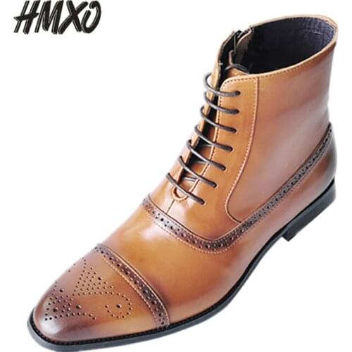 HMXO Chelsea Casual Men Shoes British Style Side Zipper High-top Leather Boots Brock High Waist Martin Boots Mens Leather Shoe