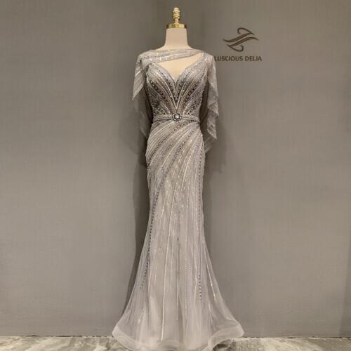 Luxury V-neck Cape Evening Dresses 2021 Diamond Beading Sleeveless Formal party Dress Luscious Delia