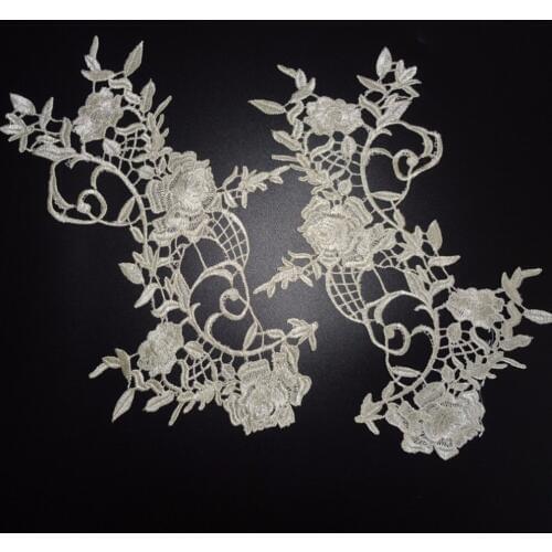 2pair champagne beautiful Flower Embroidery Patches Neckline Laces Applique Trims Sewing DIY Crafts