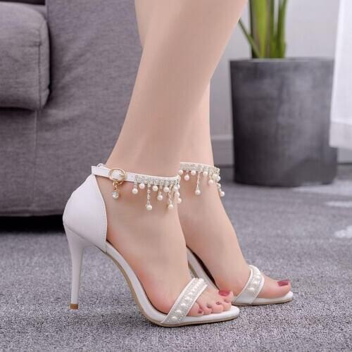 Bride Shoes Luxury Design Glittering Crystal Tassel White Sandals Wedding Party Women Dress Fashion Shoes 9cm High Heels
