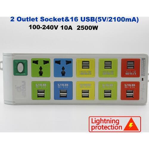 Universal Power Strip Socket and 16 USB Charger Ports with EU UK US Power Strip socket