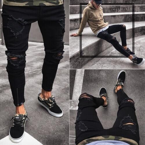 Spring and autumn new men jeans black zipper placket pencil pants hip-hop style holes distressed slim jeans trousers male