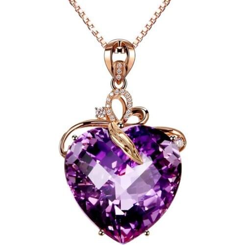 Women Heart Shape Faux Amethyst Pendant Chain Necklace Wedding Jewelry Gift