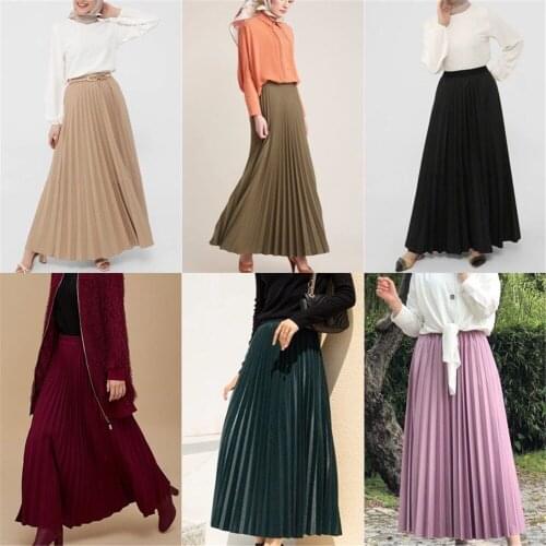 New Pleated Maxi A-Line Spring Autumn Long Skirt Solid Pleated Maxi Skirt Muslim Womens Islamic Turkey Clothing Loose Oversized