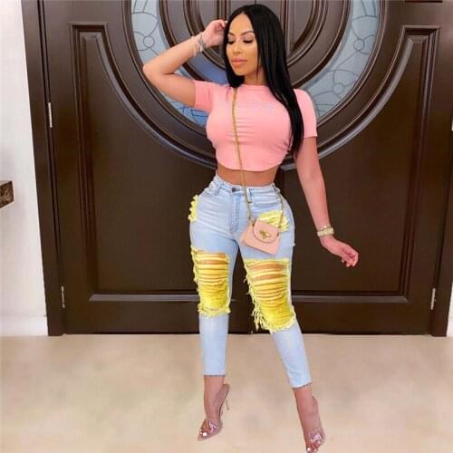 Women Spring Plus Size S-3L Tassel Spliced Jeans Pockets Jeans Pencil Trousers Club Skinny Casual Ripped Jeans Ankle-Length Pant