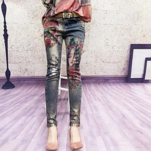 Womens Stretchy Jeans With 3D Flowers Pattern Painted Pencil Pants Woman Elegant Style Denim Trousers For Women Skinny Jeans