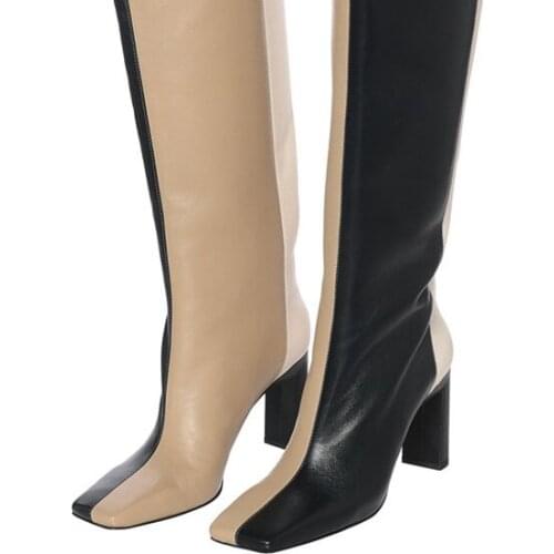 Women Boots Patchwork High Women Over-the-Knee Boots Non-Slip Square Chunky Heel Ladies Sexy Square Toe Back Zip Booties