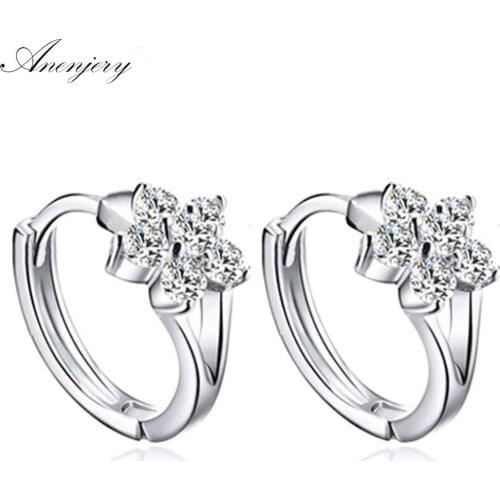 ANENJERY 925 Sterling Silver Zircon Snowflake Flower Stud Earrings For Women brincos boucle d'oreilleS-E12
