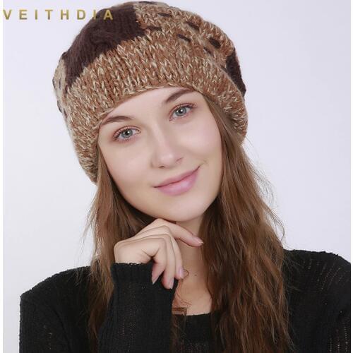 VEITHDIA Handmade WomenS Skullies Beanies Hats Winter Warm Hats Fashion Cap Slouchy Classic Style with Rabbit hair ball