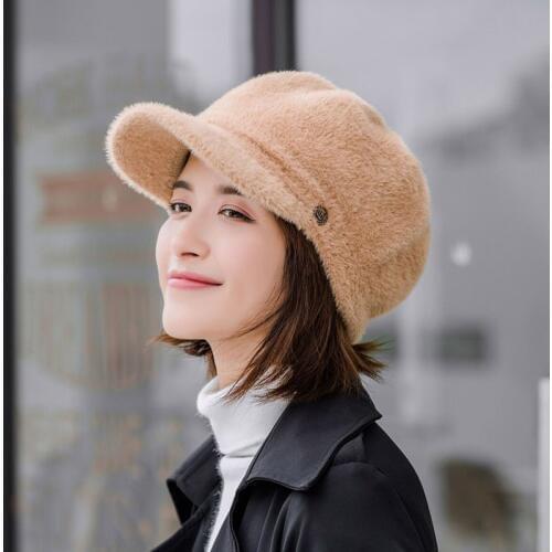 Fur Women Beret Autumn Winter Elegant Octagonal Cap Hats Stylish Artist Painter Newsboy Caps Black Grey Beret Hats