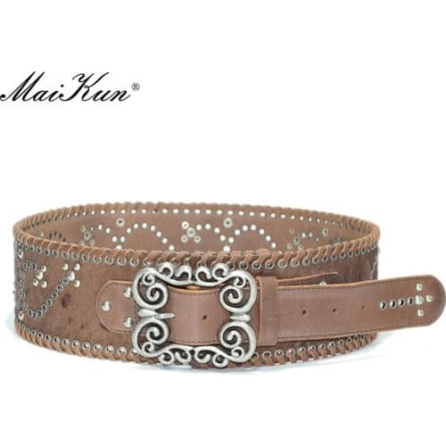 Maikun Womens Cowskin Wide Belt European And American Personality Vintage Style Real Cowhide Horsehair Decoration Waistband