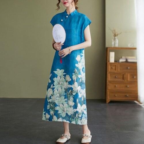 Women Cotton Linen Casual Dress New 2021 Summer Chinese Style Vintage Floral Print Loose Ladies Elegant Long Dresses B719
