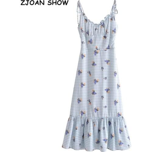 2021 Summer Blue Floral Plaid Print Sling Dress Sexy Sleeveless V Neck A-line Chiffon Long Dress Spaghetti Strap Holiday Robe
