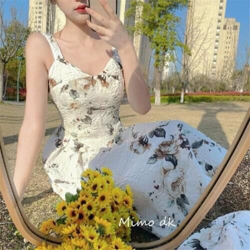 2021 New Summer Vintage Strap Floral Dress Women French Sexy One Piece Sweet Revolve Dresses Female Elegant Backless Midi Dress