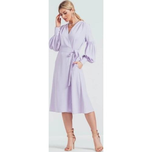 Women Vintage Front Cross Sashes Party Dress Lantern Sleeve Sexy V neck Purple Color Office Lady Dress 2021 Autumn Fashion Dress