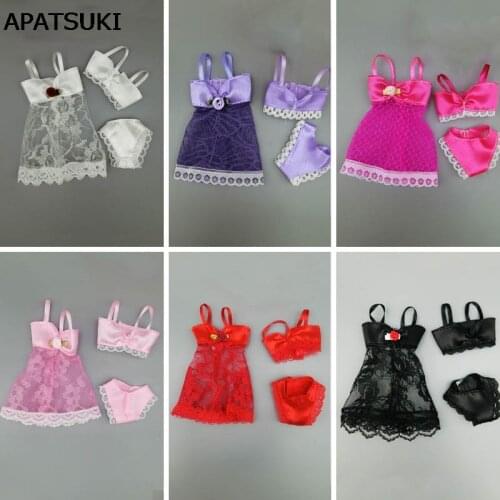 6SETS/LOT Fashion Dress For Barbie Dolls Clothes Pajamas Lingerie Nightwear Lace Night Dress + Bra + Underwear Doll Accessories
