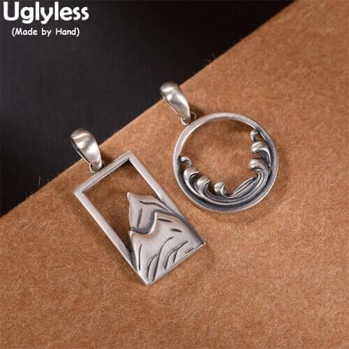 Uglyless 1 Piece Mountain Wave Lovers Jewelry for Men Women 925 Silver Pendants Necklaces NO Chains Hollow Square Round Necklace