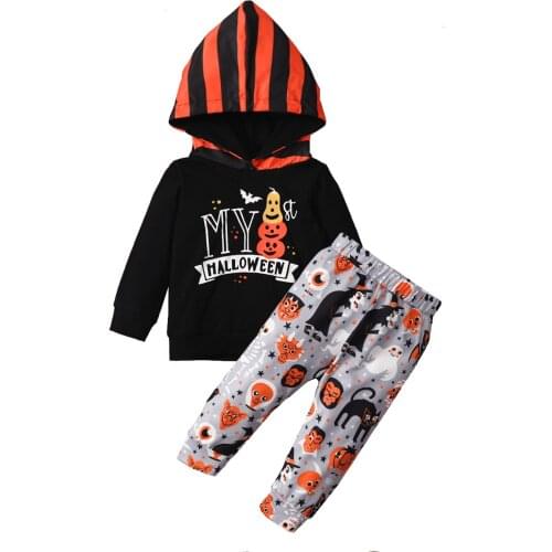 2Pcs Halloween Little Girls Boys Outfit, Toddlers Long Sleeve Letter Hooded Tops + Cat Ghost Pumpkin Printing Long Pants Set