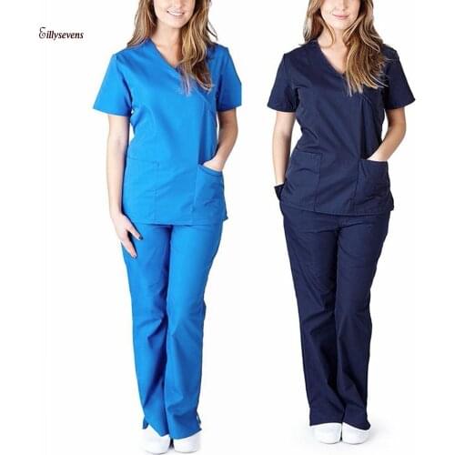 Women Short Sleeve Traje Protector V-neck Tops+pants Nursing Working Uniform Set Suit Protection Костюм Медицинский 2021