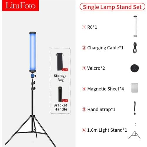 LituFoto R6 Full Color RGB Dual Color Temperature LED Fill Lamp+1.6M Light Stand For Outdoor Photography Flash Lights Stick Set