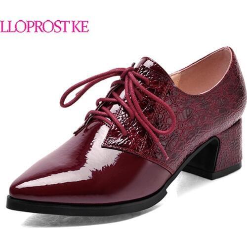 Lloprost ke Autumn 2019 Women Thick Heel Pumps Fashion Lace Up Pointed Toe Spring Fall Shoes Woman Blue Wine Red Black H447