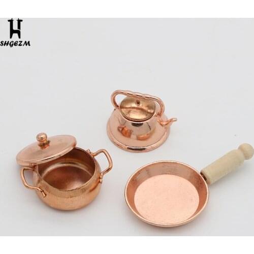 Dollhouse Miniature Bronze Frying Pan Cooking Pot Kettle Cookware Kitchen Cooking Kit Dolls Decoration Accessories