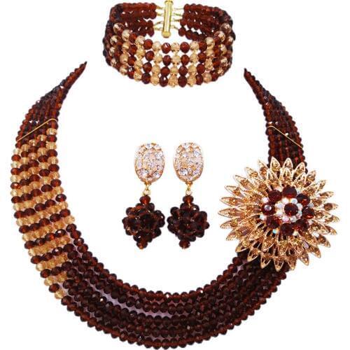 Fashion Brown and Champange Gold African Beads Jewelry Set Nigerian Wedding Necklace Crystal Jewelry Sets for Women 5JZ04