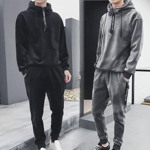 2 Pieces Men Clothes Tracksuit Set Velvet Hooded Sweat Hoodies Sweatshirt + Long Jogger pants