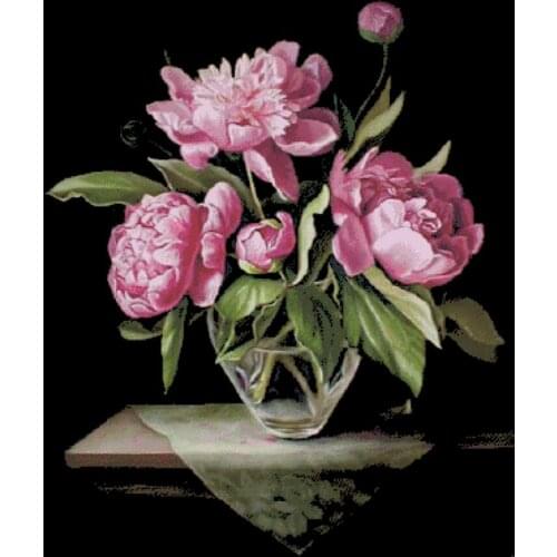 Pink peony flower cross stitch package flower aida 18ct 14ct 11ct black cloth people kit embroidery DIY handmade needlework