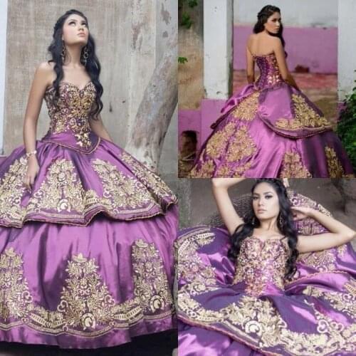 Traditional Lavender Quinceanera Dresses Sweetheart Ball Gown Gold Appliques Puffy Lace Up Corset sweet 16 dress prom Princes