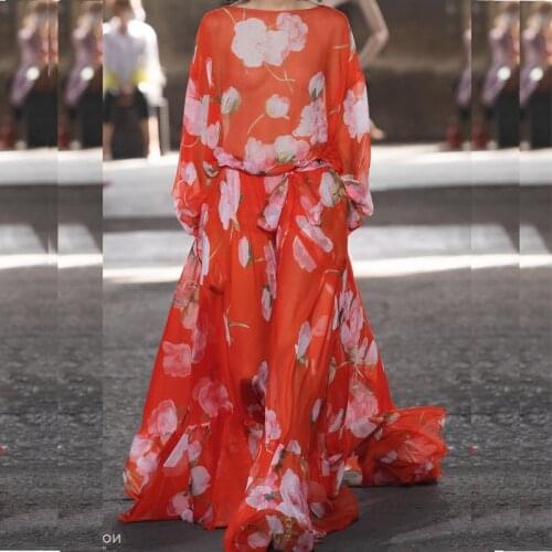 Spring summer elegant women long dress red flower printed women maxi dress chiffon floor-length quality dresses plus size XXXL