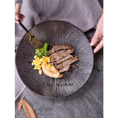 Japanese ceramic western dish Pasta steak dish Round dish fruit bowl Creative black scrub tableware plate set