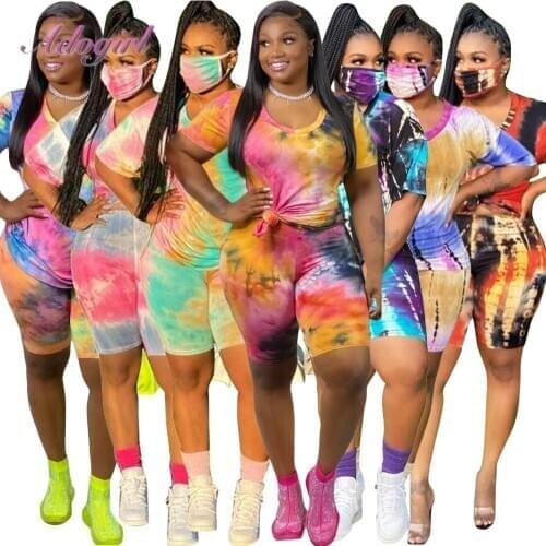 Women Two Piece Set Casual Tie Dye Short Sleeve Corp Tops T-Shirt Bikers Short Pants Suit Set Jogging Outfit Female Tracksuit
