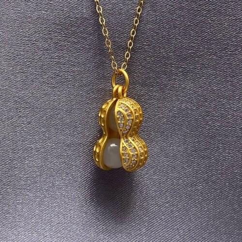 Sterling Silver S925 Necklace for Women Vintage 18K Real Gold Peanut 100% Natural Jade Pendant Necklace Clavicle Chain Jewelry