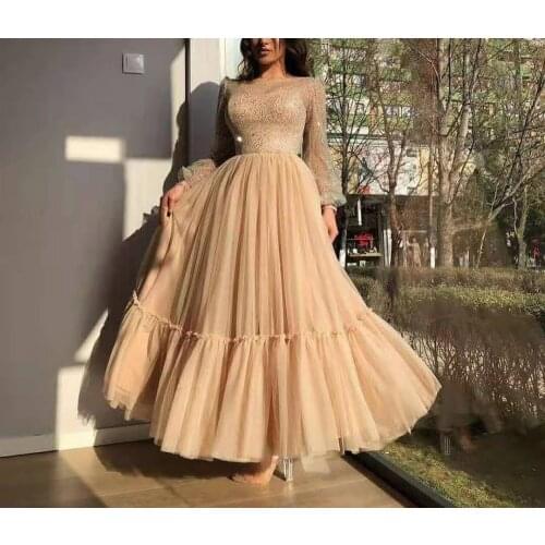 Vintage Long Sleeeve Champagne Arabic Prom Dresses Zipper Back Robe De Soiree Ankle Length Formal O-Neck Party Dresses for Women