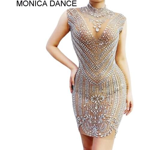 Women Silver Rhinestones Transparent Mesh Dress Birthday Celebrate Costume See Through Wear Women Dancer Evening Dance Dresses
