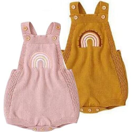Newborn Baby Boys Girls Winter Casual Cartoon Rainbow Suspender Knit Sleeveless Pink And Yellow Infant Bodysuit 2020 New