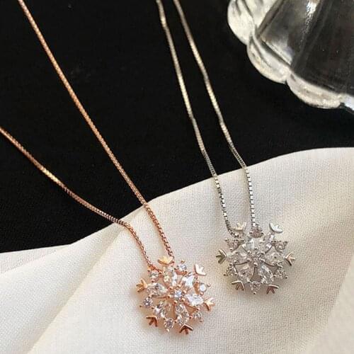 1PCS Fashion Clavicle Chain Rose Gold Silver Color Necklace Flash Cubic Zircon Snowflake Pendant Necklace For Women