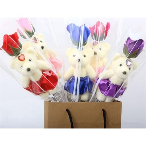 10PCS Scented Bath Soap Rose Flower With Bear Toy For Wedding Valentines Day Christmas Gift Artificial flowers home decoration