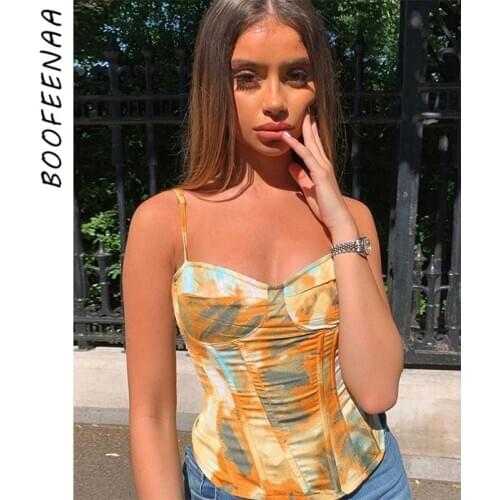 BOOFEENAA Yellow Tie Dye Printed Fashion Corset Tops To Wear Out Party Night Club Sexy Vintage Satin Cami Tank Top C85-CZ10