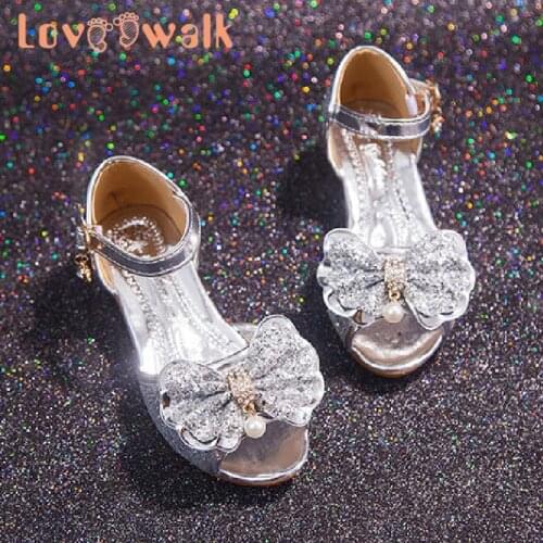 Wedding Party Sandals For Girls Heels Glitter Shoes Shining Kids Leather Summer Shoes Girls Bowknot Sandals Princess Size 26-36
