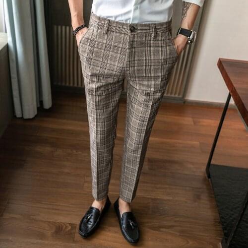 Mens Self-cultivation Personality Wild Straight Suit Pants Korean Fashion Business Casual Striped Plaid Fashion Mens Trousers