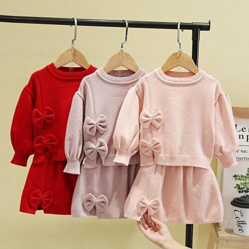 Children Clothes 2021 New Autumn Winter Children Suit Pure Color Sweater Two-Piece Set For Baby Girls Christmas Princess Dresses