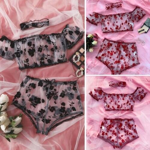 Flower Embroidery Lace Underwear Set Women Sexy Lingerie Strapless Sets Ladies Brief Sets Girls Sensual Lingere Set 3 Piece