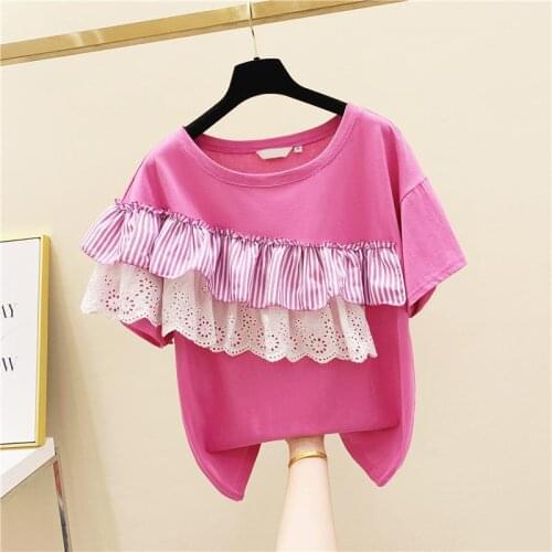 Lace stripe stitching ruffled t-shirt womens summer 2021 Korean version loose age reduction