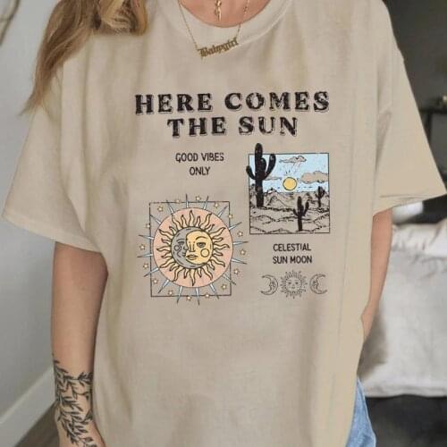 Kuakuayu HJN Sun Moon Cactus Tshirt Women Boho Style Short Sleeve Loose Retro Vintage T Shirt Female Summer Cute Top Graphic Tee