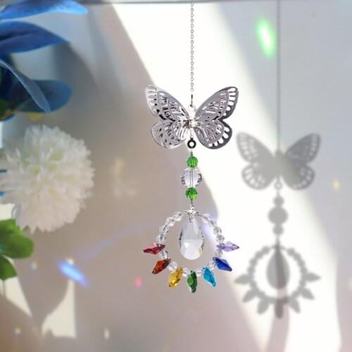 Metal Butterfly Love Heart Shaped Ring Rainbow Hanging Crystal Pendant Octagonal Bead Colorful Sun DIY Outdoor Ornament
