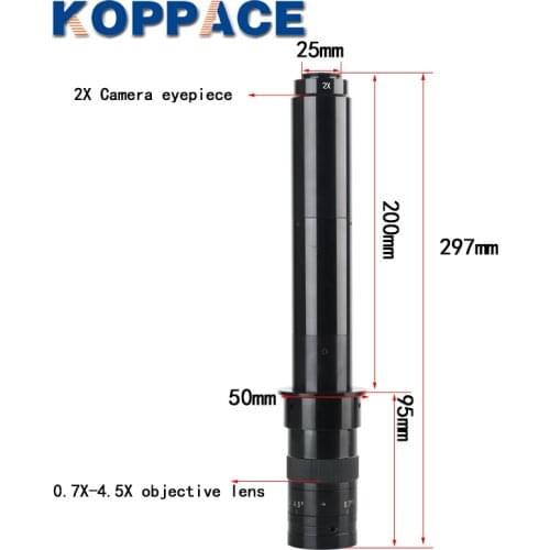 KOPPACE 128X-820X Industrial Monocular Microscope Lens 2X Eyepiece 0.7X-4.5X Zoom Objective 25mm C-Mount Continuous Zoom Lens