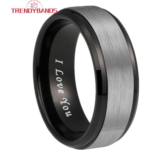 Black 8MM Tungsten Carbide Engagement Rings Wedding Band For Men Beveled Edges Brushed Finish Couples Anniversary Gift
