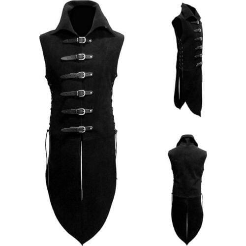 Men Middle Age Renaissance Knight Solider Armor Vest Medieval Landlord High Neck Top Shirt Leather Button Costume